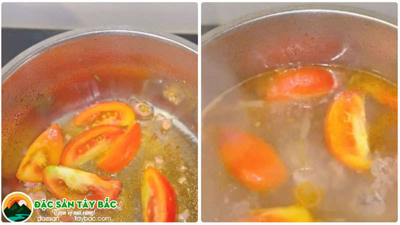 chuẩn bị nước dùng nấu miến sợi to là cà chua